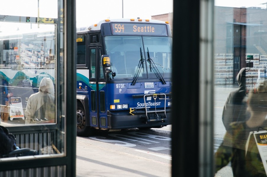 View of bus from a bus stop